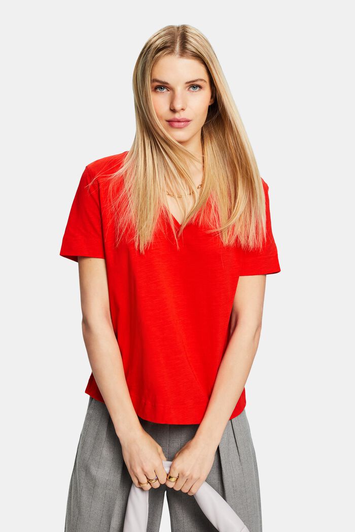 Jersey-T-shirt med V-hals, RED, detail image number 0