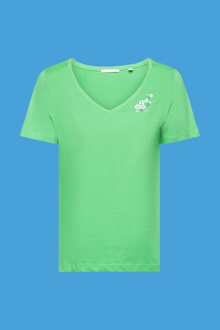 T-shirt med V-hals og blomsterbroderi, GREEN, detail image number 6