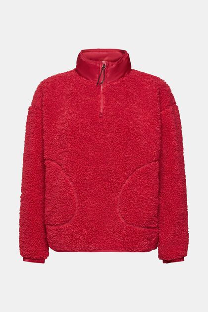 Teddy fleece-sweatshirt med lynlås i halv længde, CHERRY RED, overview