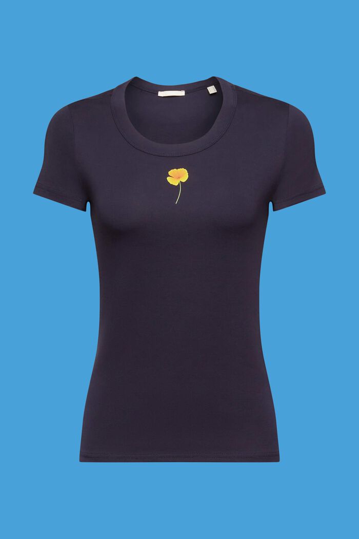 T-shirt med blomsterprint på brystet, NAVY, detail image number 5