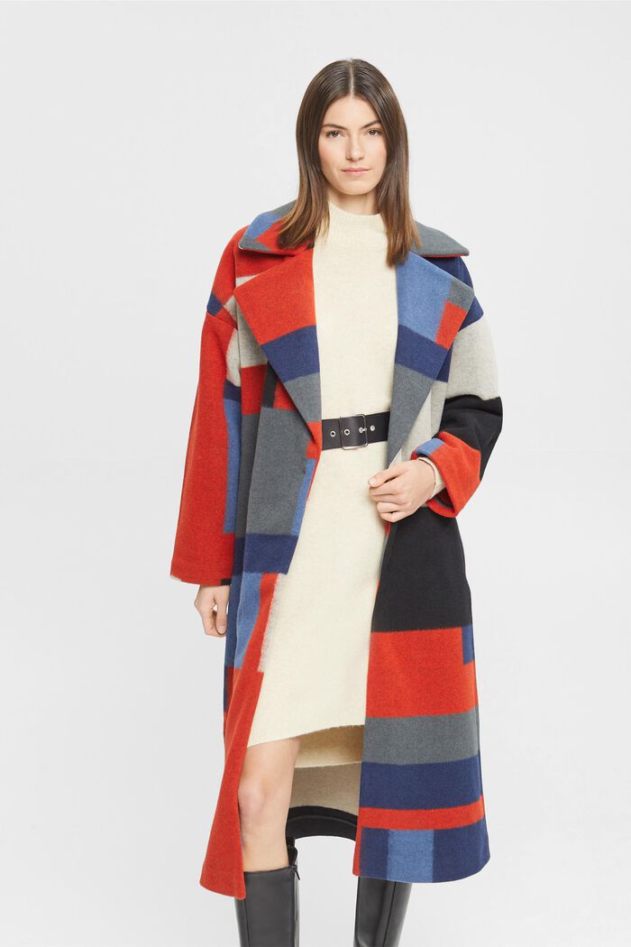 Frakke i uldmiks med farveblok-mønster, RED, detail image number 0