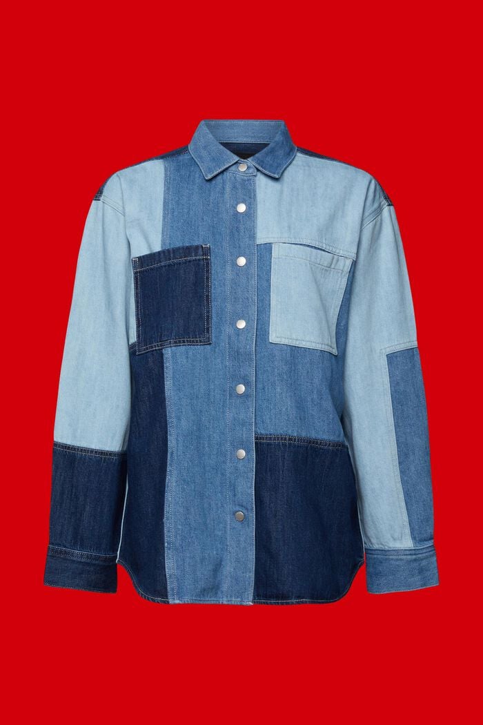 Denimskjorte med patchwork, bomuldsmiks, BLUE LIGHT WASHED, detail image number 6