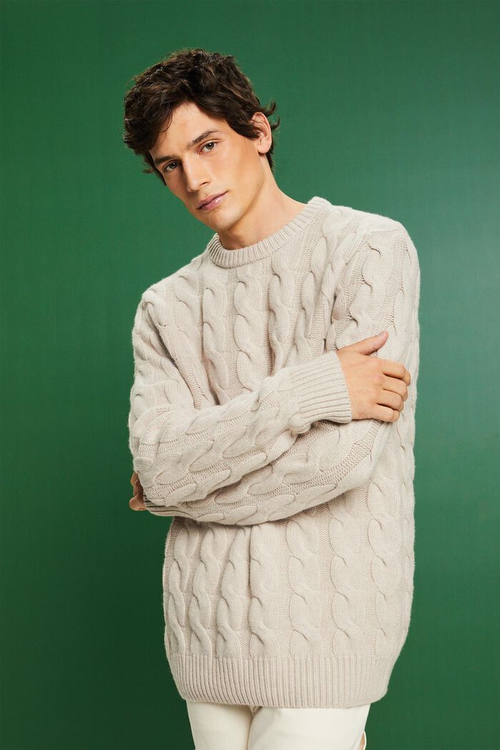 Kabelstrikket sweater i uld, LIGHT TAUPE, detail image number 0