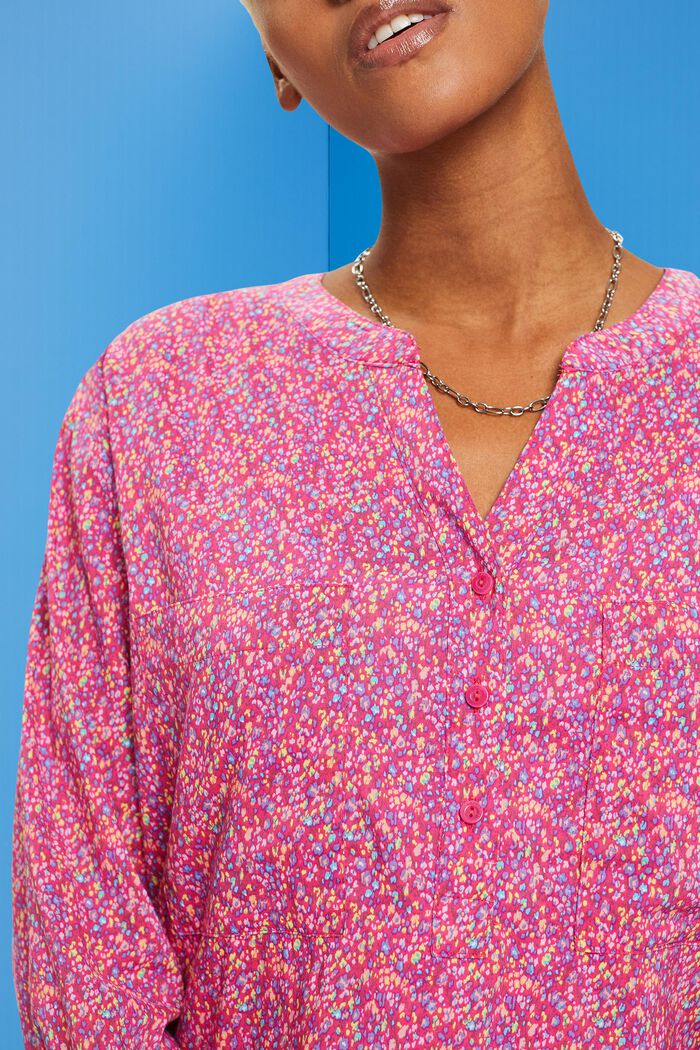 Blomstret bluse med V-hals og knapper, PINK FUCHSIA, detail image number 2