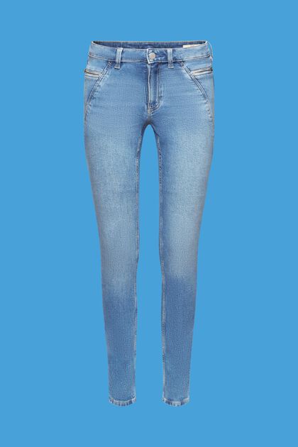 Skinny fit-jeans m. mellemhøj talje og lynlåslomme