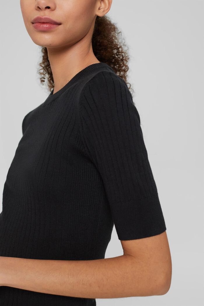 Ribbet sweater med korte ærmer, BLACK, detail image number 0