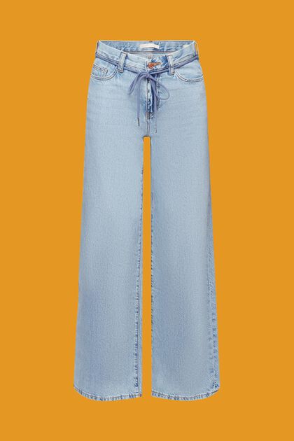 Jeans med høj talje, vide ben og snørebåndsbælte