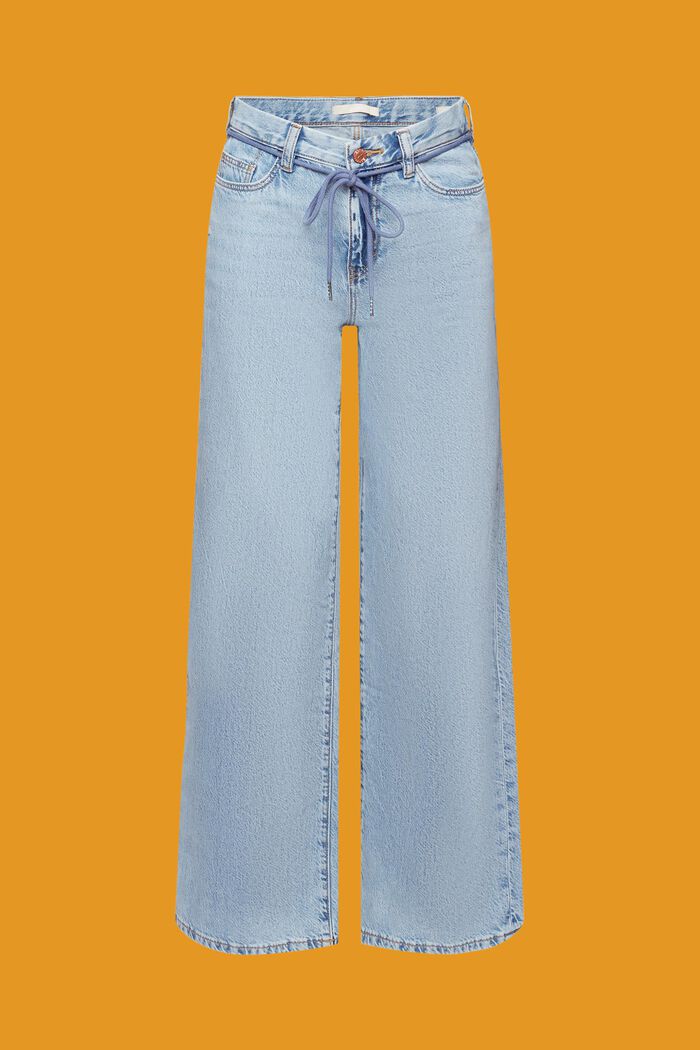 Jeans med høj talje, vide ben og snørebåndsbælte, BLUE LIGHT WASHED, detail image number 7