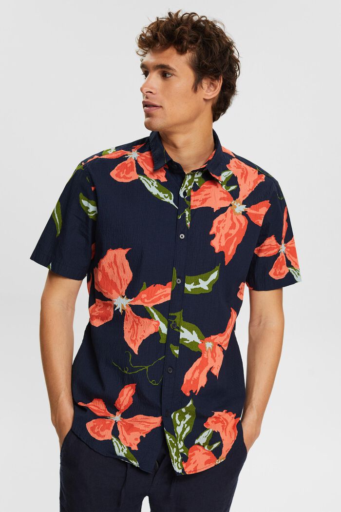 Seersuckerskjorte med blomstret mønster