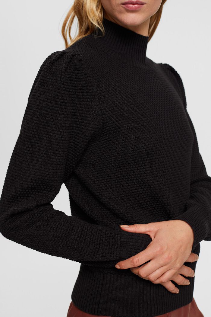 Tekstureret pullover med mock-rullekrave, bomuldsmiks, BLACK, detail image number 0