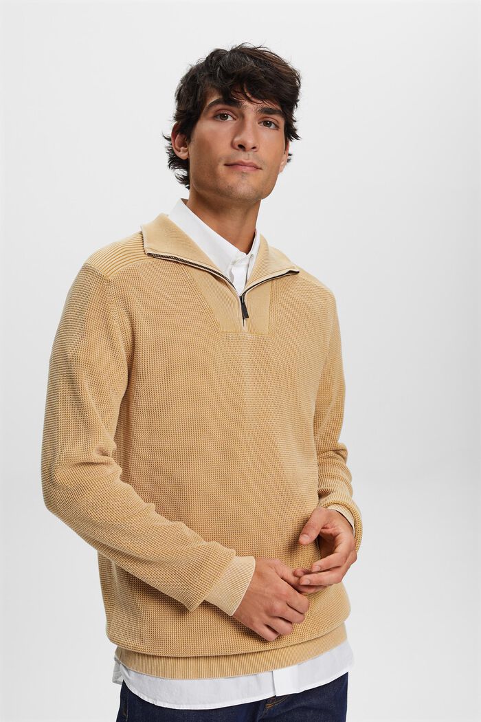 Pullover med halv lynlås, 100 % bomuld, BEIGE, detail image number 0