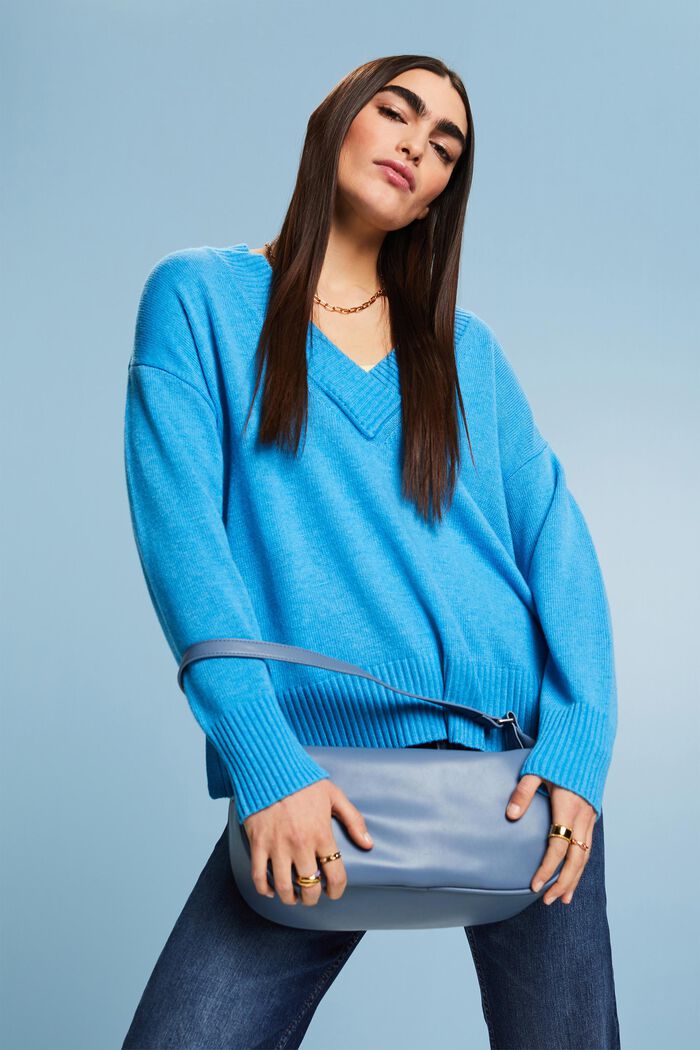 Sweater i uld- og kashmirmiks med V-hals, BLUE, detail image number 4