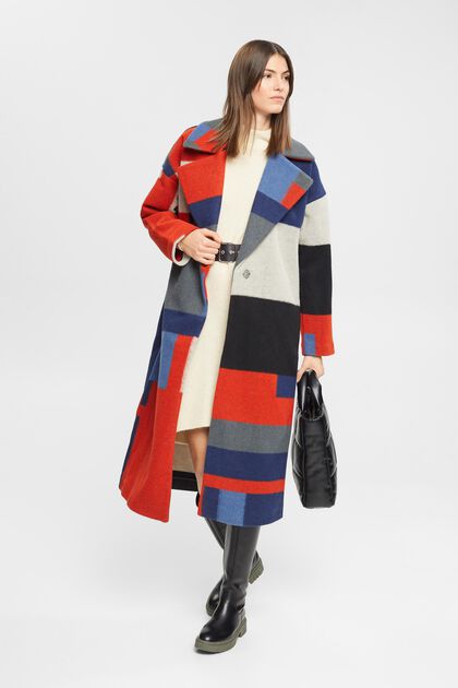 Frakke i uldmiks med farveblok-mønster
